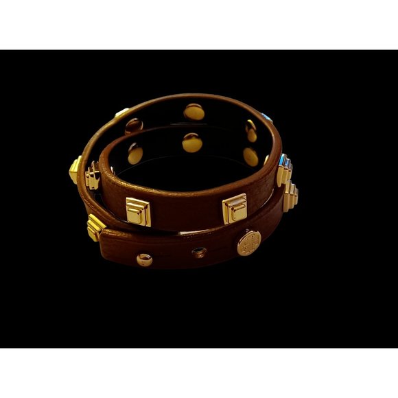 Tory Burch Brown Leather Gold Tone Studded 15.5" Long Wrap Bracelet - Picture 8 of 8